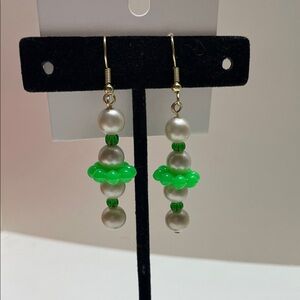 Elegant Green and faux Pearl Drop Earrings